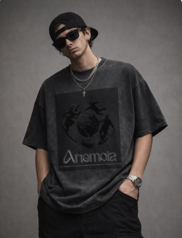 Abstract Motion Streetwear Shirt - Washed Black Minimal Graphic Tee